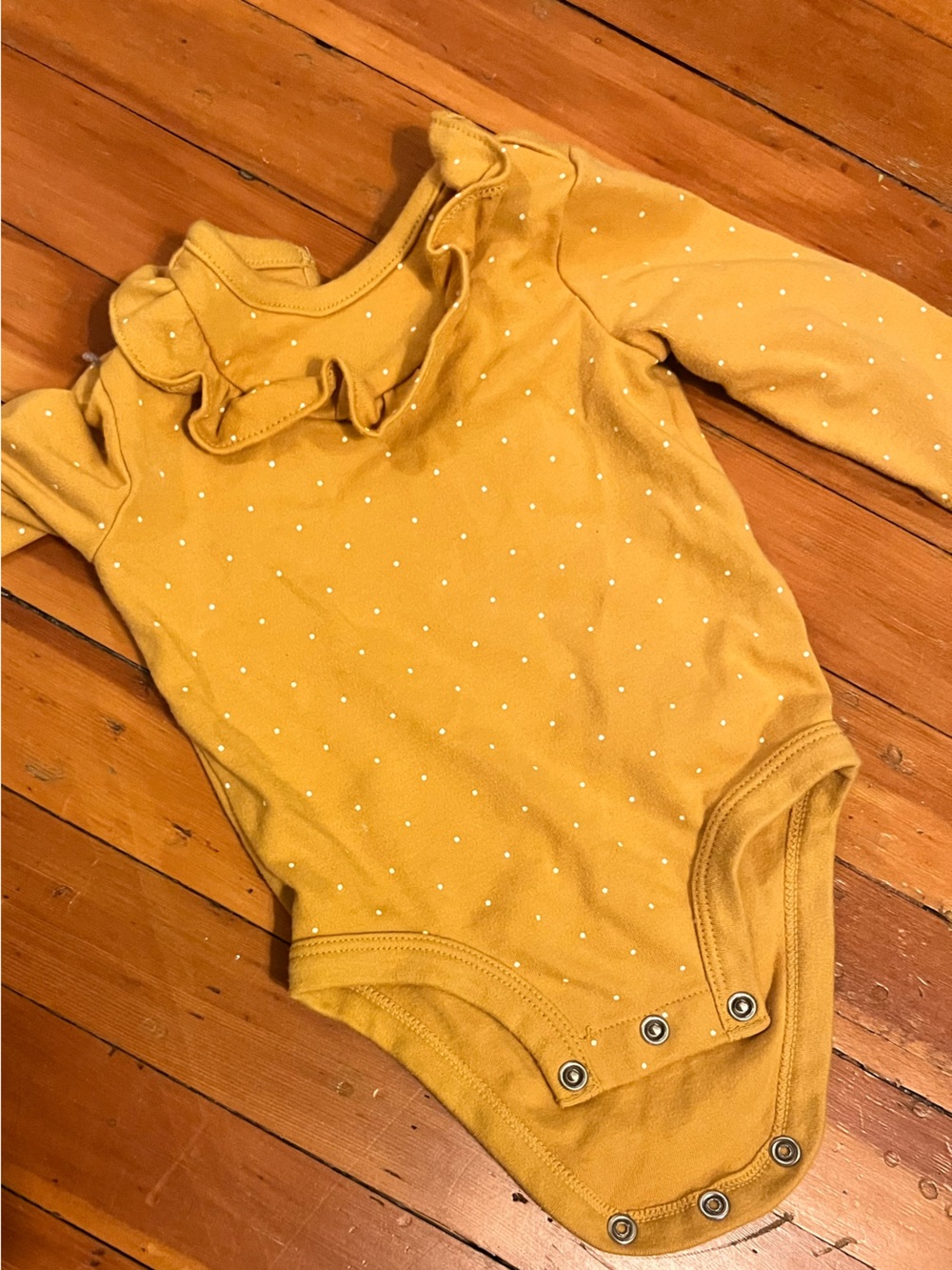 child of mine Mustard Long Sleeve Dot Ruffled-Shoulder Onesie